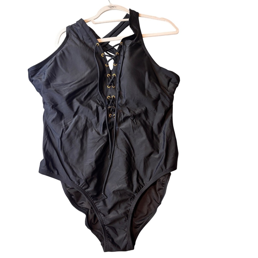 Love My‎ Curves One Piece Swimsuit Womens 20 Black Lace Up NEW Halter back tie